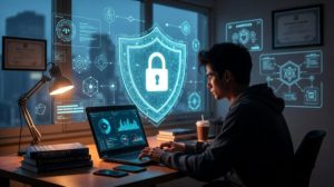 Cybersecurity certification exam preparation with laptop, digital shield, and study materials