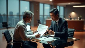 Small business owner reviewing loan documents with bank advisor