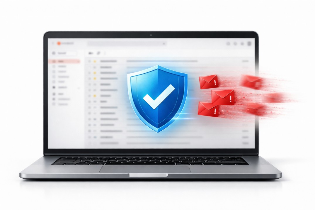 A professional Gmail inbox showing spam emails being blocked by a digital shield, illustrating email security and protection.