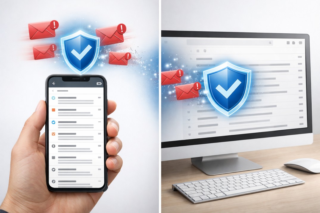 Split-screen of Gmail on mobile and desktop showing spam emails filtered automatically for a cleaner inbox.