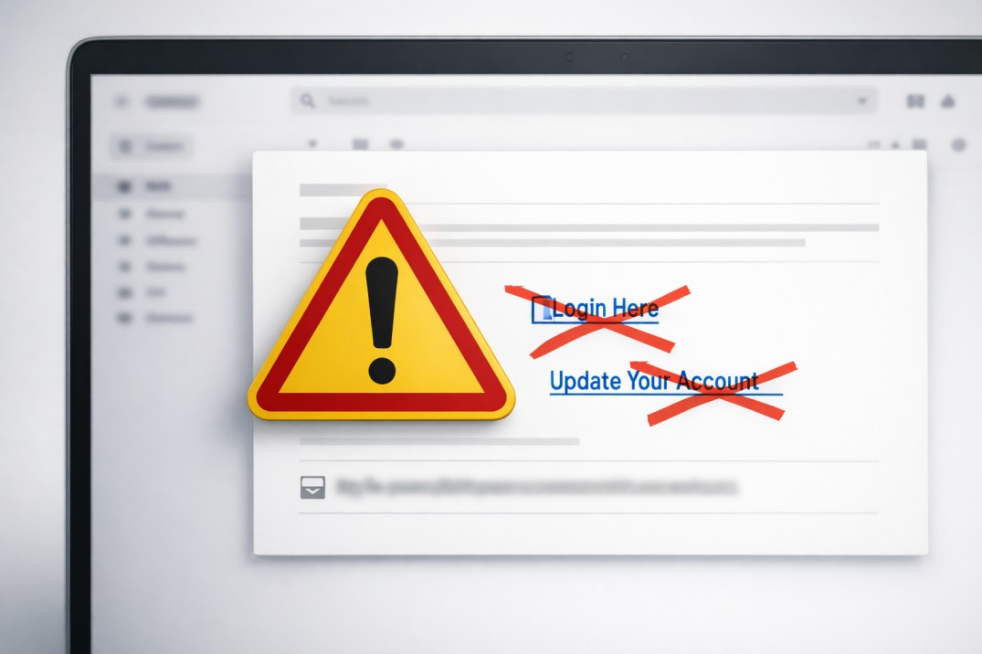 Illustration of a warning sign over a suspicious email with phishing links crossed out, promoting email security awareness.