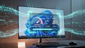 Windows 11 laptop showing performance optimization dashboard and speed improvement